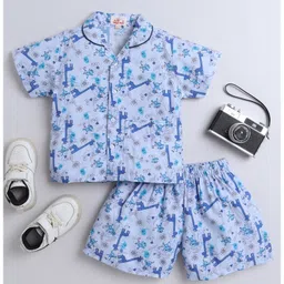 The Magic Wand Cotton Woven Half Sleeves Animals Printed Shirt & Shorts Coordinating Night Suit Set- Blue-picture-25