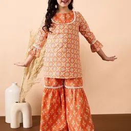 Stylo Bug Girls Floral Printed Regular Mirror Work Pure Cotton Kurti with Sharara-26