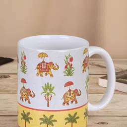 Home Ecstasy Yellow & White Ethnic Motifs Printed Ceramic Matte Mug -320 ml-7