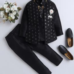 Fourfolds Boys Black Embellished Full Sleeves Indo Blazer with Pants-image-43