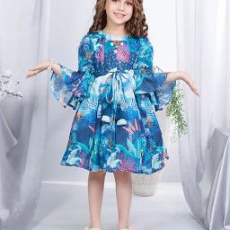 Peppermint Kids Blue Printed Dress with Belt-image-61
