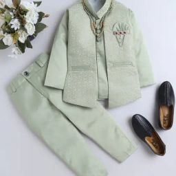 Fourfolds Boys Green Embroidered Full Sleeves Indo Blazer with Pants-image-44