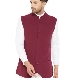 Hypernation Maroon Sleeveless Mandarin Collar Waistcoat-image-47