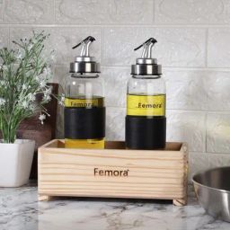 Femora Transparent & Brown Glass Oil Bottle (0.5 L) with Wooden Tray - Set of 3-image-21