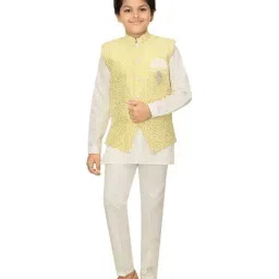 Ahhaaaa Kids White & Yellow Cotton Embroidered Full Sleeves Kurta Set-image-43
