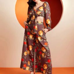 KASSUALLY Brown Printed Crop Top With Pants-picture-17
