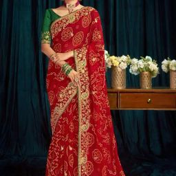 Satrani Red Embroidered Saree With Unstitched Blouse-image-70