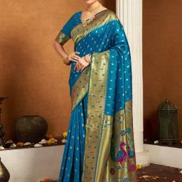 Satrani Blue Silk Woven Saree With Unstitched Blouse-image-65