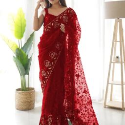 Saree Mall Red Embellished Sarees With Unstitched Blouse-image-59
