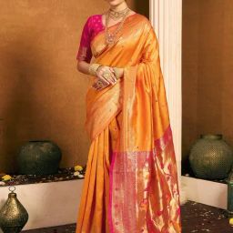 Satrani Yellow Silk Woven Saree With Unstitched Blouse-image-9