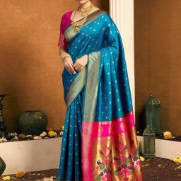 Satrani Blue Silk Self Design Saree With Unstitched Blouse-picture-21