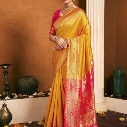 Satrani Yellow Silk Self Design Saree With Unstitched Blouse-image-20
