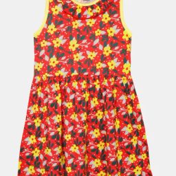 Kiddopanti Kids Red & Yellow Cotton Floral Print Dress-image-62