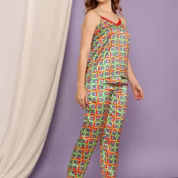 Clovia Multicolor Satin Printed Camisole Top With Pyjamas image 4
