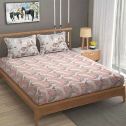 Florida BS-Daisy Beige & Peach Cotton 180 TC King Fitted Bedsheet With 2 Pillow Covers-image-77