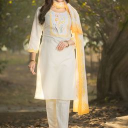 KALINI Floral Yoke Design Pure Cotton Straight Kurta With Trousers & Dupatta-picture-43