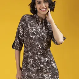 TIKODI Floral Print Mandarin Collar Roll-Up Sleeves Cotton Shirt Style Top-image-78