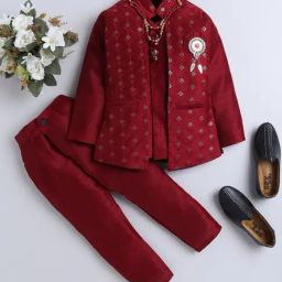 Fourfolds Boys Maroon Embellished Full Sleeves Indo Blazer with Pants-picture-24