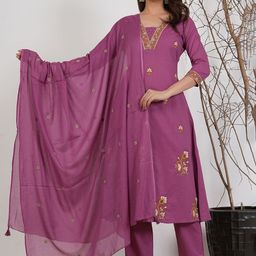 MF Hayat Floral Embroidered Straight Thread Work Pure Cotton Kurta With Trousers & Dupatta-picture-5