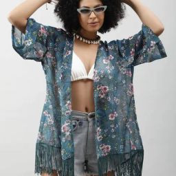 PURYS Teal Blue Floral Print Shrug-image-21