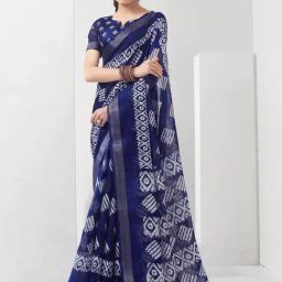 Satrani Navy Geometric Print Saree With Unstitched Blouse-image-19