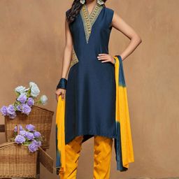 Sangria Women Cotton Silk Embroidered Asymmetrical Kurta Pant With Dupatta Set-image-61