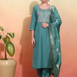 Suha Floral Embroidered Round Neck Sequinned Straight Kurta With Trousers & Dupatta-image-20