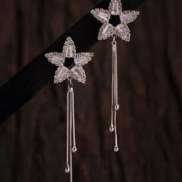 Voylla Rhodium-Plated American Diamond Studded Korean Contemporary Drop Earrings-30