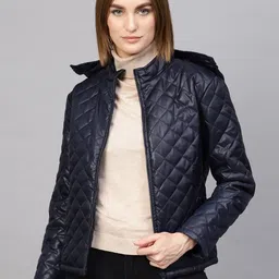SASSAFRAS Women Navy Blue Solid Quilted Jacket with Detachable Hood-image-6