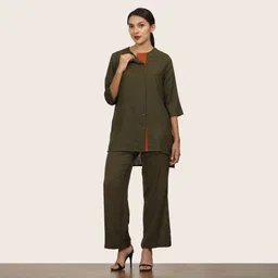 Saltpetre Women Navy Long Line Shirt With Relaxed-Fit Pants Co-Ord Set-image-49