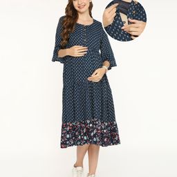 Bella Mama Women Viscose Three Forth Sleeves Maternity Dresses With Pocket Floral Print - Navy Blue-image-86