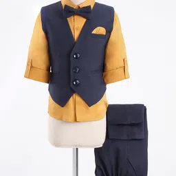 Robo Fry Knit Full Sleeves Party Suit With Bow Solid Colour- Yellow & Blue-picture-26