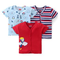 Babyhug 100% Cotton Interlock Knit Half Sleeves Antibacterial Vest Stripes & Penguin Pack Of 3 - Multicolor-image-50