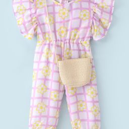 Little Kangaroos Woven Half Sleeves Checkered Jumpsuit With Sling Bag - Purple-image-6