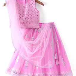 Babyhug Woven Sleeveless Net Embroidered Choli With Embroidered Printed Lehenga & Dupatta - Pink-image-42