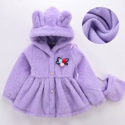 Kookie Kids Full Sleeves Frock Style Hooded Jacket With Front Buttons And Beads Embellishment with Bag - Purple-87