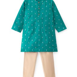 Babyhug Lurex Woven Full Sleeves Dobby Kurta Payjama Set with Floral Foil Print -  Green-image-50