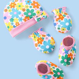Babyhug 100% Cotton Knit Floral Printed Cap Mittens & Booties  - Pink Yellow & Blue-image-87