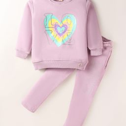 Olio Kids Fleece Knit Full Sleeves Winter T-Shirt & Lounge Pant Set With Heart Print - Mauve-image-74