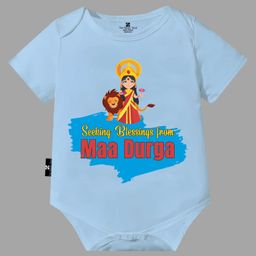 The Peppy Tend Navratri Theme 100% Cotton Half Sleeves Seeking Blessings From Maa Durga Text Printed Onesie - Blue-picture-4