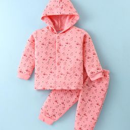 Tango Full Sleeves Hooded Front Open Winter Wear Night Suit With Bunnies Print - Pink-image-62