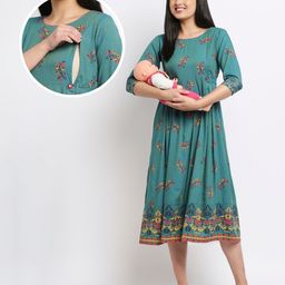True Shape Three Fourth Sleeves Floral Printed Maternity Kurta With Concealed Zipper Nursing Access - Turquoise-image-47