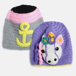 MayRa Knits Pack Of 2 Hand Knitted Unicorn Crochet Designed Colour Blocked Caps - Purple & Grey-picture-48
