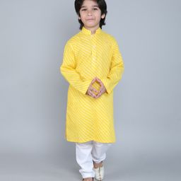 Little Clothing Cotton Linen Full Sleeves Leheriya Printed Kurta Churidar Set - Yellow-image-88