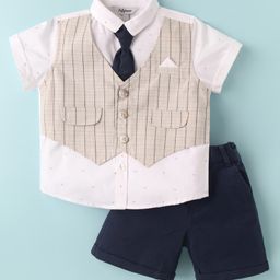 ToffyHouse Cotton Woven Half Sleeves Printed Shirt & Shorts With Attached Waistcoat & Tie - White & Navy Blue-image-115