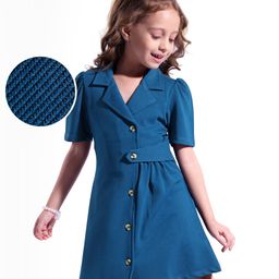 Hola Bonita Knit Half Sleeves Blazer Neck Solid Dress In Twill Fabric - Teal Blue-image-4