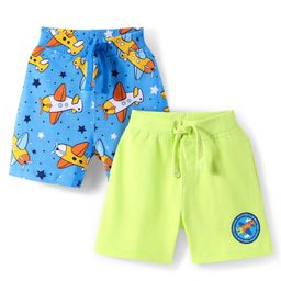 Babyhug Cotton Knit Mid Thigh Lenght Shorts with Airplane Print Pack of 2 - Blue & Neon Green-image-94