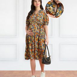 Bella Mama WovenShort Sleeves Notch Neck Maternity DressWith Floral Print - Navy-picture-7