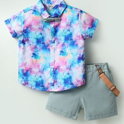 ToffyHouse 100% Cotton Knit Half Sleeves Printed Shirt & Shorts Set with Bow & Suspender - Teal Blue-picture-5