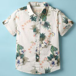 Jash Kids Cotton Woven Half Sleeves Tropical Theme Print Shirt - Green Red & Beige-image-3